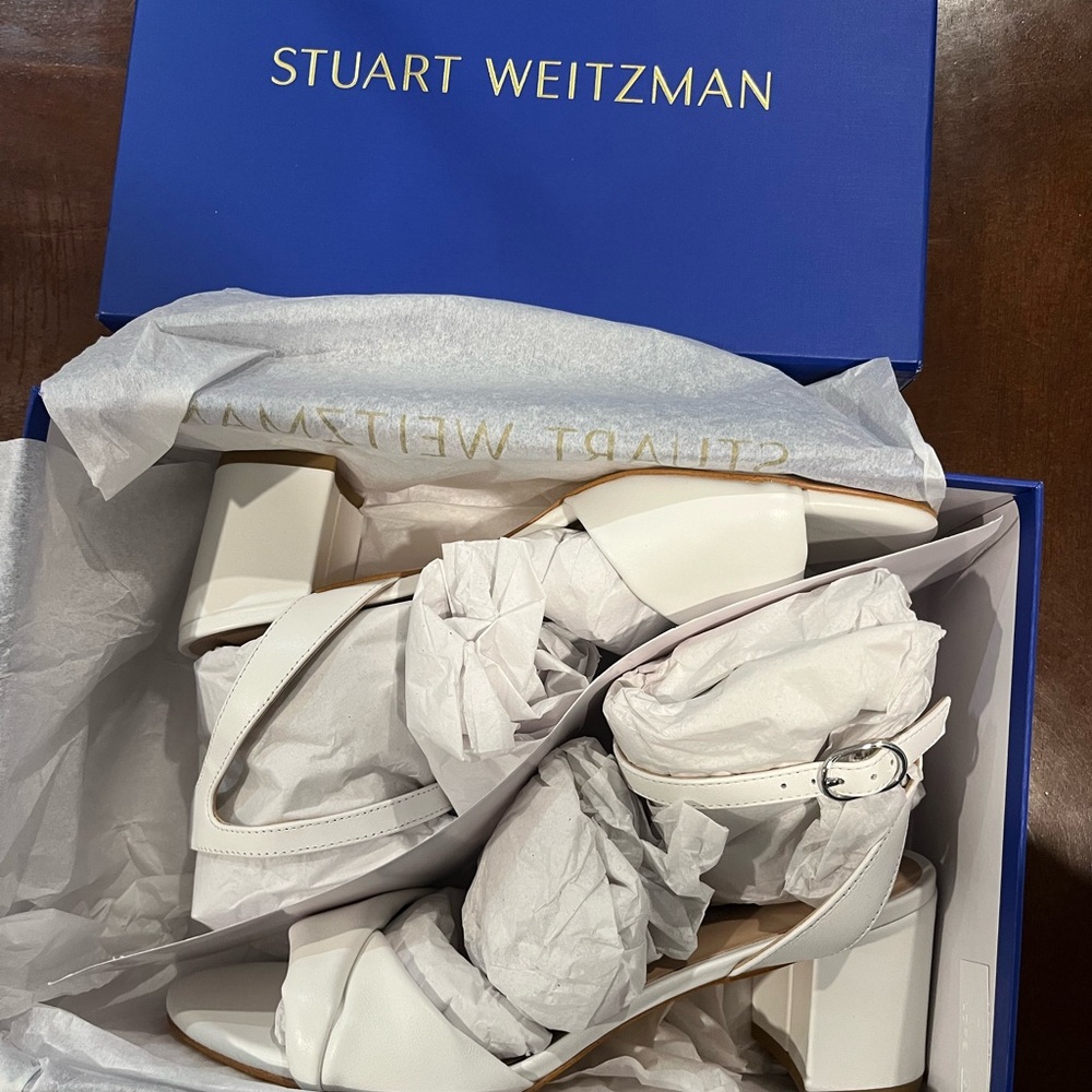 Stuart Weitzman White Block Heel Sandals